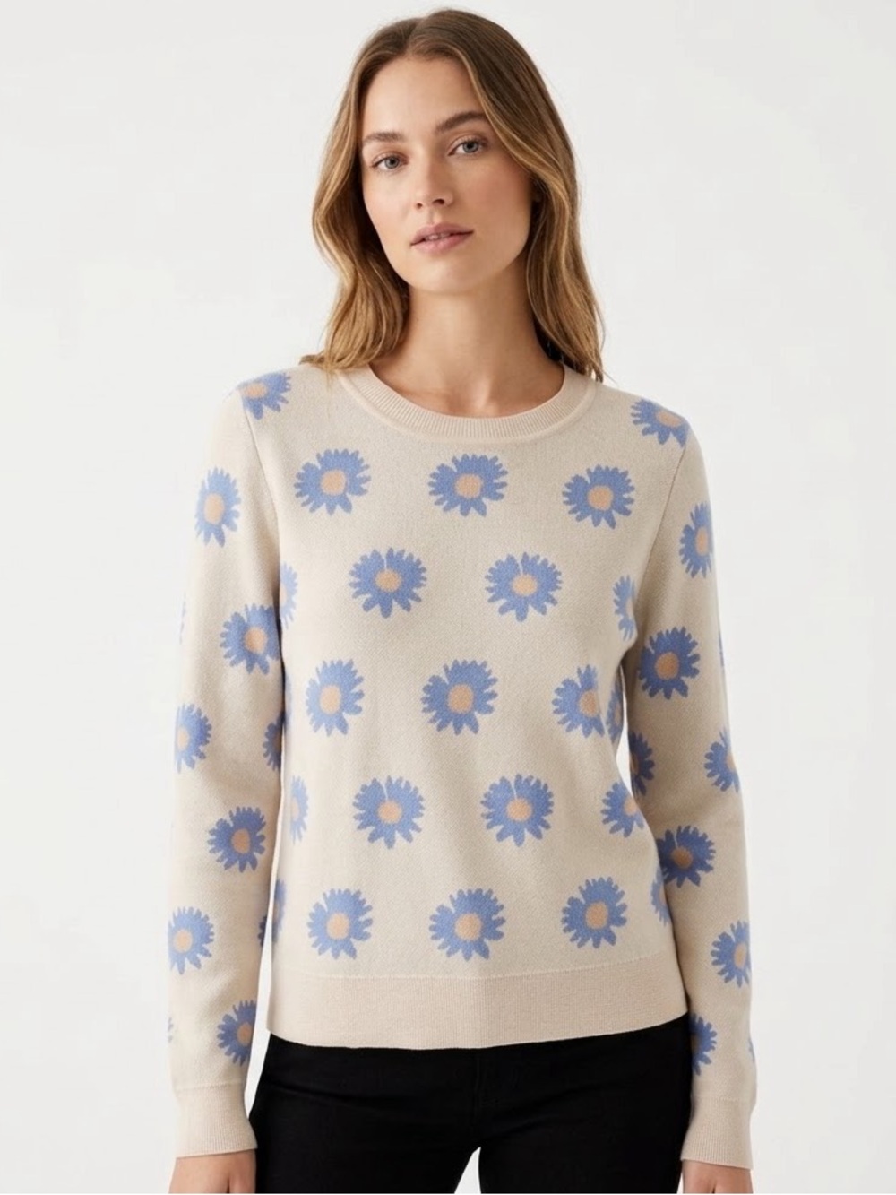 Adrianna Papell Daisy Floral Knit Sweater Cream Blue M
